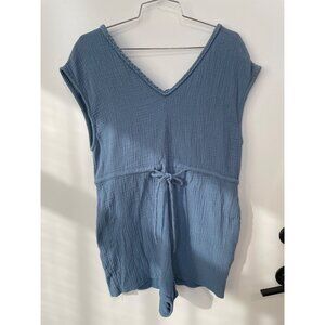 The Nines Romper Size Small Gauze V Neck Braided Strap Drawstring Blue Textured